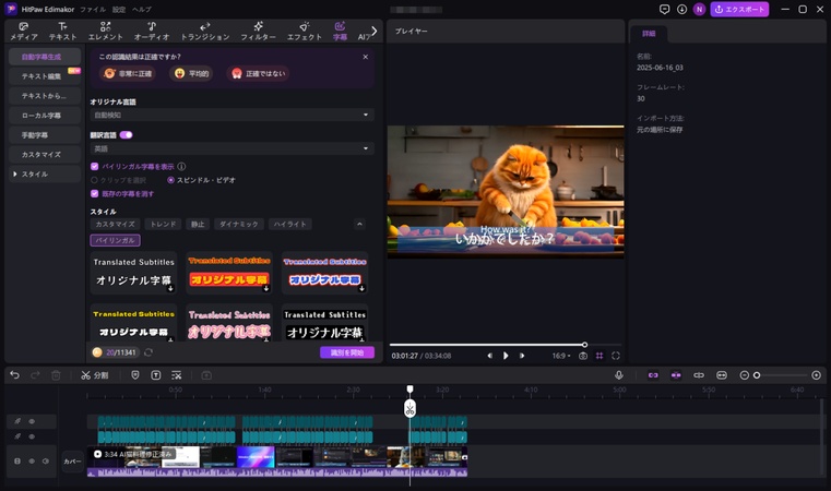 翻訳された字幕が生成される