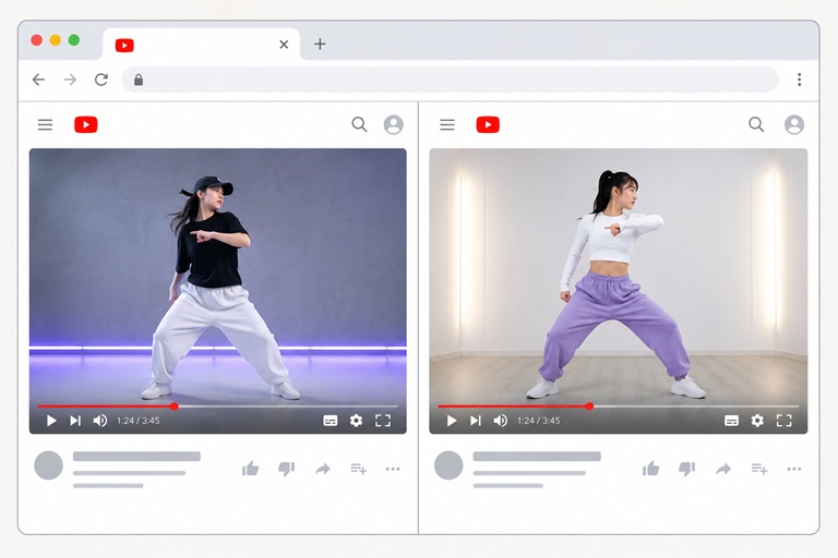 2つのダンス動画を左右に並べて再生しているブラウザ