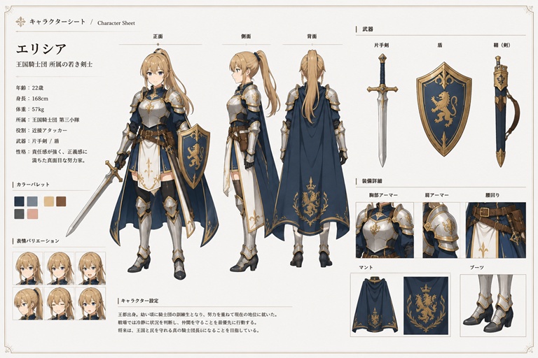 戦士風のキャラクターの立ち絵と装備品の設定