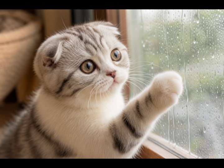 雨の日に窓から外を見る子猫