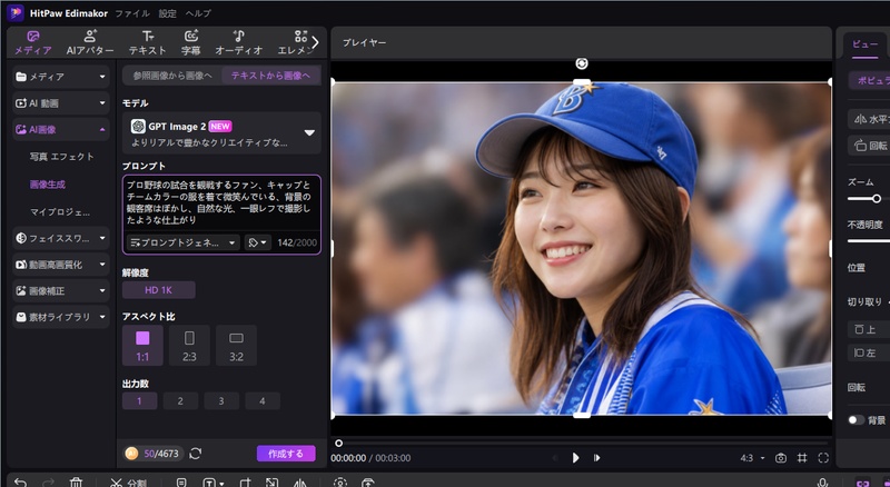 AI画像生成画面（左プロンプト・右結果）