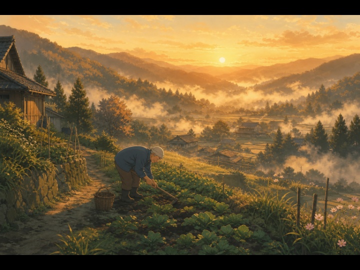 山村の早朝農作業シーン