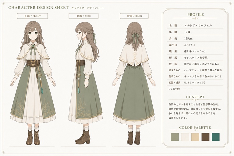 立ち絵3方向とプロフィール欄が1枚