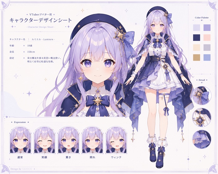 女性キャラクターの表情パターンと全身デザイン