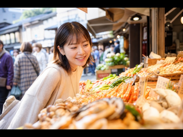Vlog風AI生成動画、京都の朝市を歩くシーン
