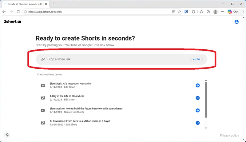 2short AIでショート化したい動画url