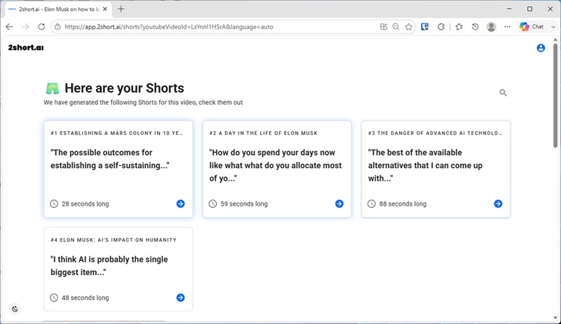 2short AIが生成したショート動画候補を選択
