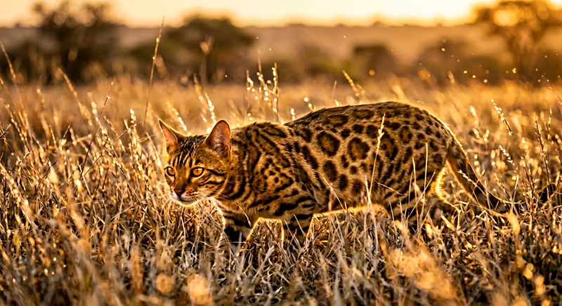 「ベンガル猫が草むらで低く構えるAI生成の迫力ある写真風画像」