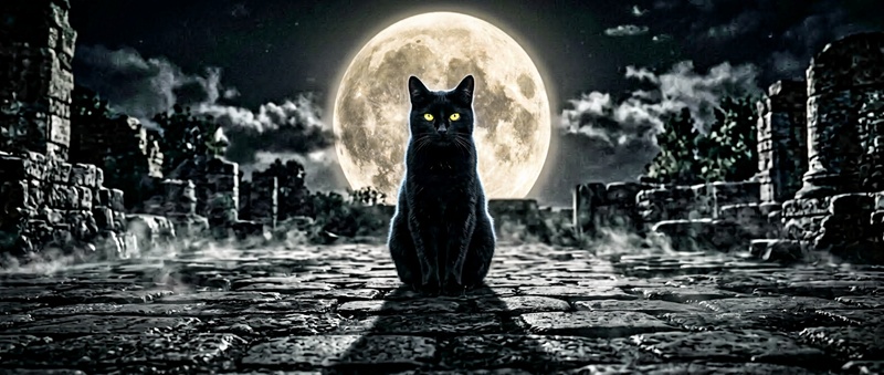 「月明かりの夜に凛と座る黒猫のクールなAI生成画像」
