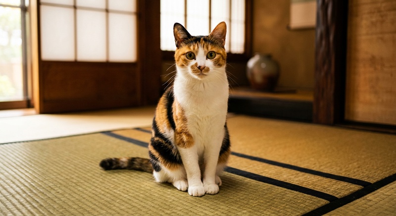 「三毛猫が畳の上に座っているAIイラスト、くっきりした三色の柄が特徴」