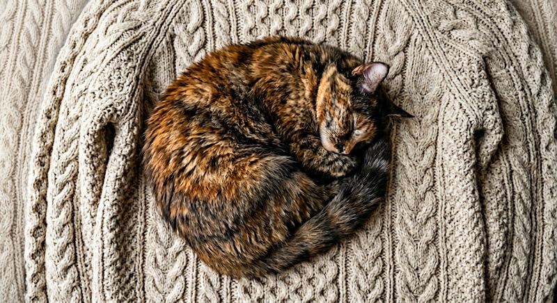 「ニット素材の上で丸まって眠る猫の俯瞰視点AIイラスト」