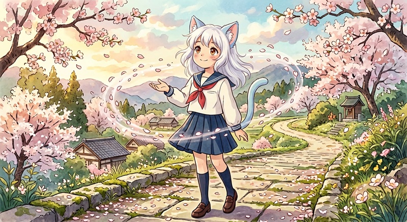 「スタジオジブリ風の桜吹雪の前でたたずむアニメ風猫耳少女のAIイラスト」