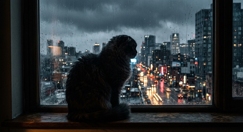 「雨の夜景を背景に窓辺に座るふわふわ猫のAI生成シネマティック画像」
