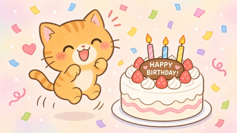 ゆるキャラ風にデフォルメした猫の誕生日GIFの静止フレーム
