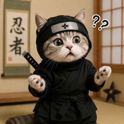 忍者コスチュームを着て、困惑した表情をしている猫のGIF