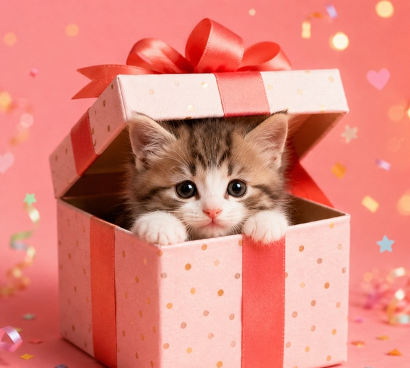 ラッピングされたプレゼントボックスの中から子猫