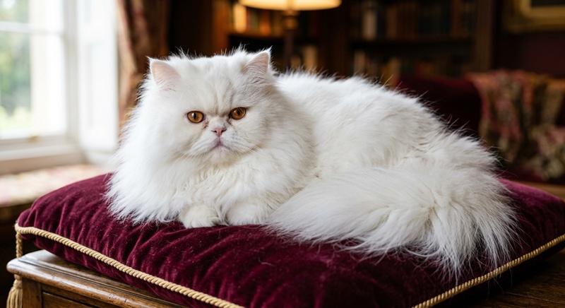 「ペルシャ猫がベルベットのクッションに鎮座するAI生成ふわふわ猫画像」
