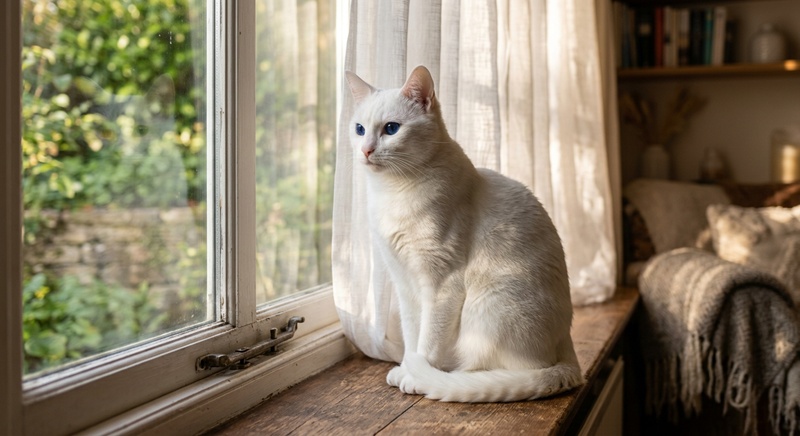 「純白の猫が窓辺で朝日を浴びているAI生成写真風画像」