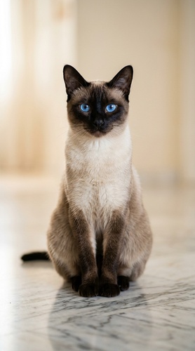 「シャム猫がポートレート風に描かれたAIイラスト、青い瞳が印象的」