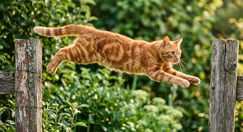 「ジャンプ中に空中に浮かぶ茶トラ猫のAI生成アクションショット」