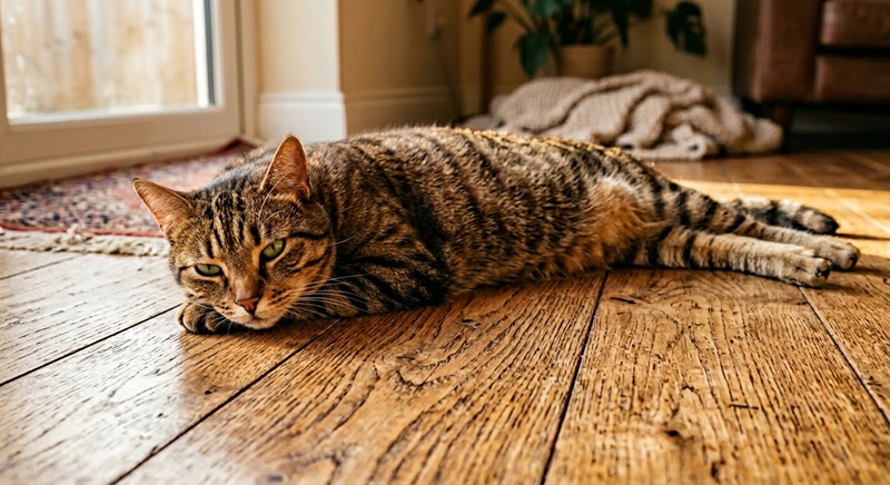 「キジトラ猫が木の床でくつろぐAI生成リアル猫写真」