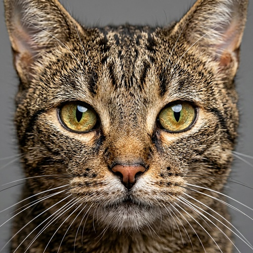 「カメラをじっと見つめるキジトラ猫の超接写AIポートレート画像」