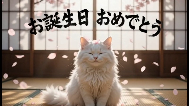 桜吹雪が舞う中、嬉しそうに目を細めている白猫の動画の静止フレーム