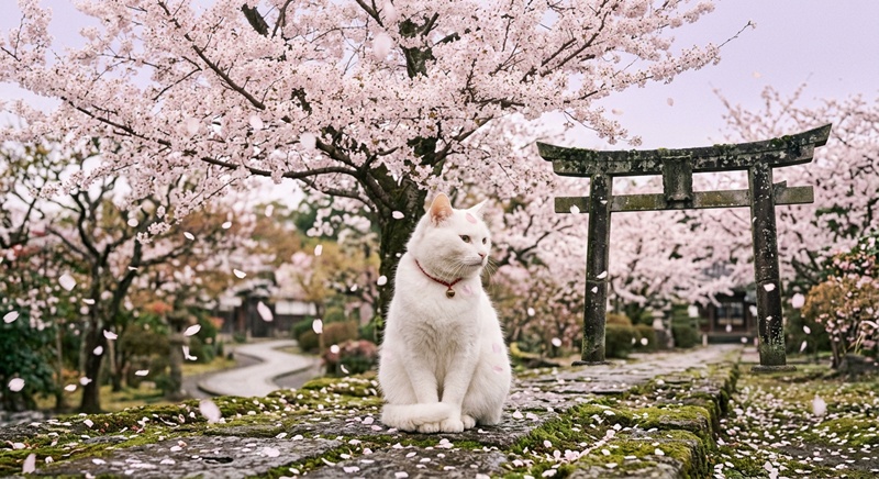 「桜の下の神社鳥居前に座る白猫の和風テイストAIイラスト」
