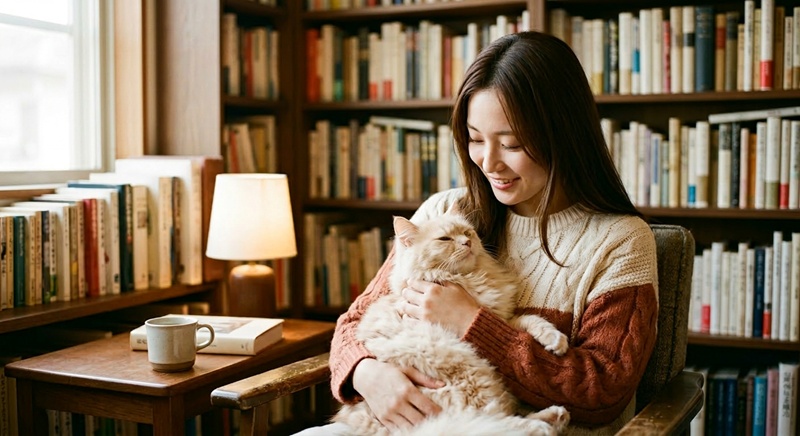 「黒髪の女性がクリーム猫を抱き目を合わせているAI生成フィルム写真風画像」