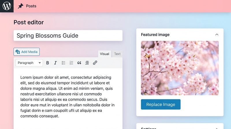 WordPressのアイキャッチに春の桜背景素材が設定されている画面