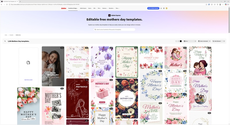 Adobe Expressの母の日メッセージカードのテンプレート選択画面。