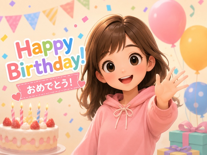 AIキャラクターが笑顔で手を振っている誕生日祝いアニメーション
