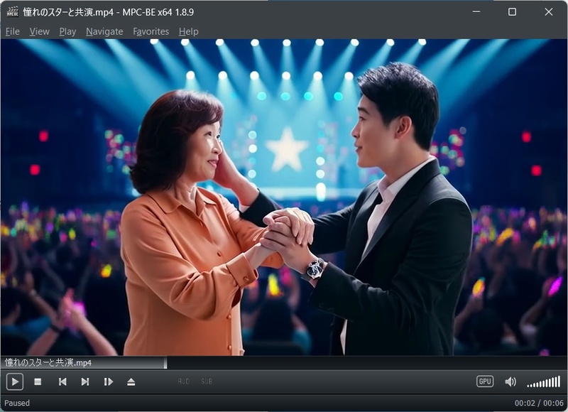 AIで作成した夢のコンサートステージに立つ母のコラボ動画イメージ