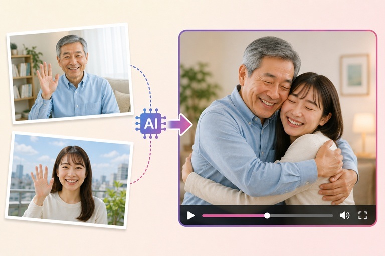 2枚の家族写真からハグを生成したAI動画のイメージ