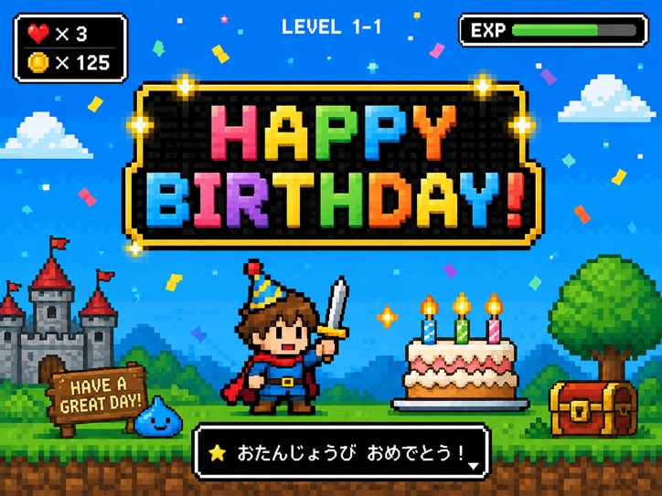 レトロゲーム風ドット絵でHappy Birthdayが表示されるアニメーション