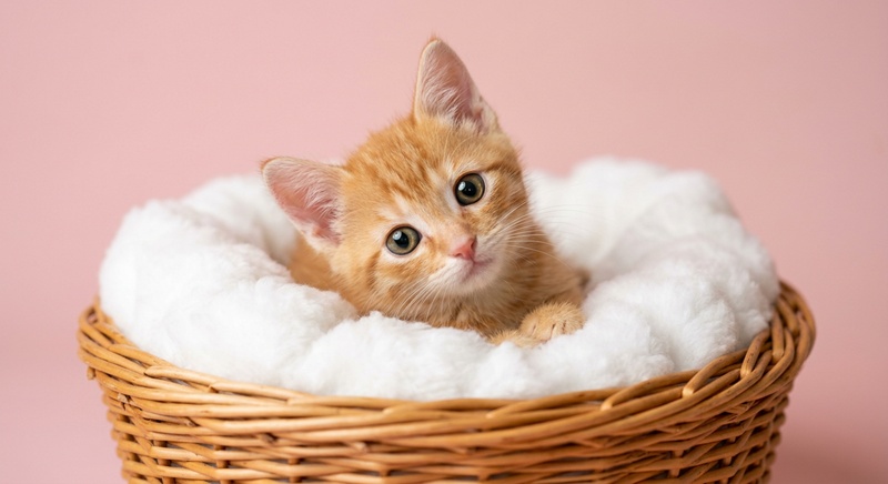 「柳かごの中でコテンと首をかしげるオレンジ色の子猫のAIイラスト」