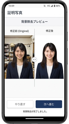 証明写真アプリで背景を自動除去し