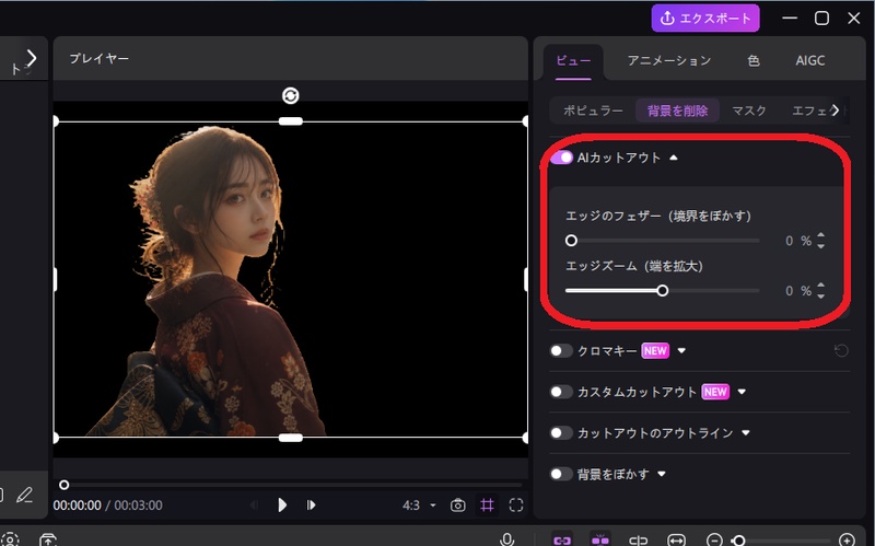 HitPaw Edimakorの背景削除機能。人物が透過背景