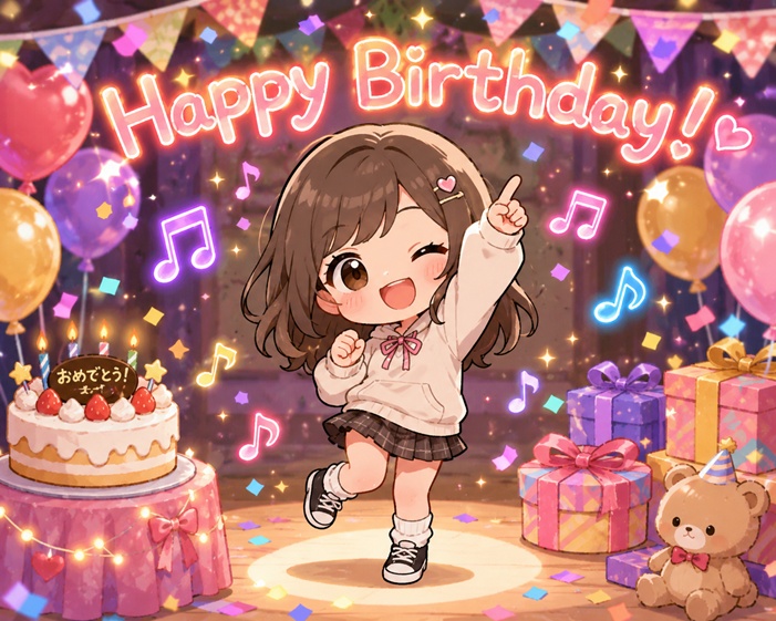SDキャラクターがダンスしている誕生日お祝いGIF