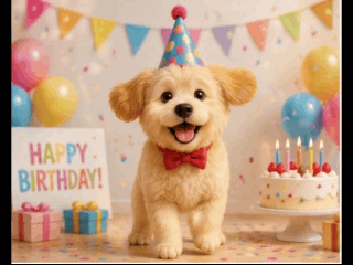 パーティーハットをかぶった犬の誕生日GIF