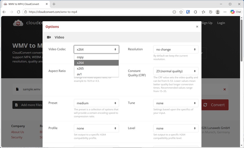 CloudConvertのWMVからMP4への変換画面