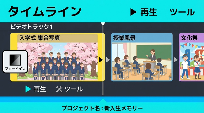 卒業ムービーのオープニングに入学写真を配置し、フェードインを設定している編集画面