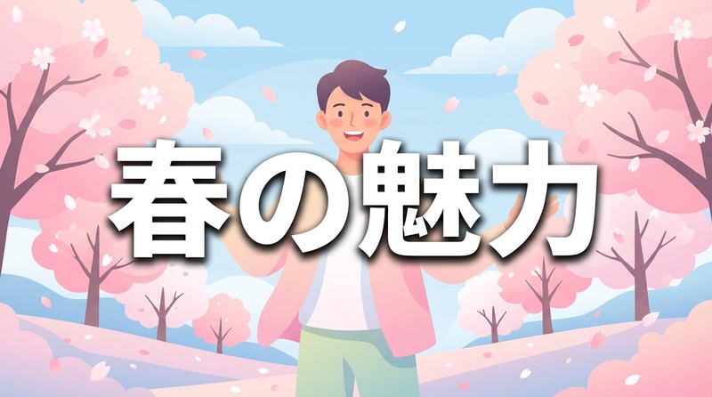 YouTubeサムネイルに春背景と人物・テキストを組み合わせたデザイン例