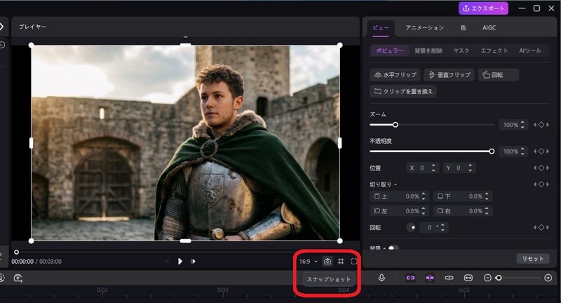 フェイススワップの結果を確認してスナップショットをクリックする画面