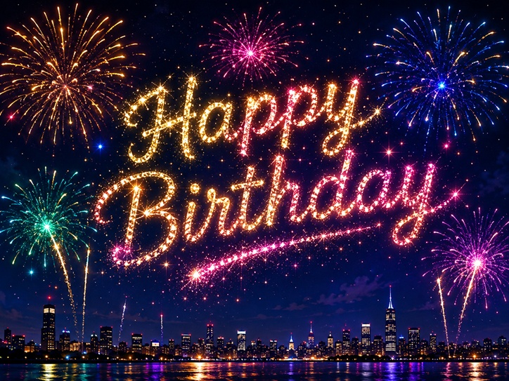 夜空に打ち上がる花火とHappy Birthdayのテキスト