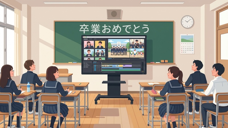 卒業記念スライドショーを映したモニター