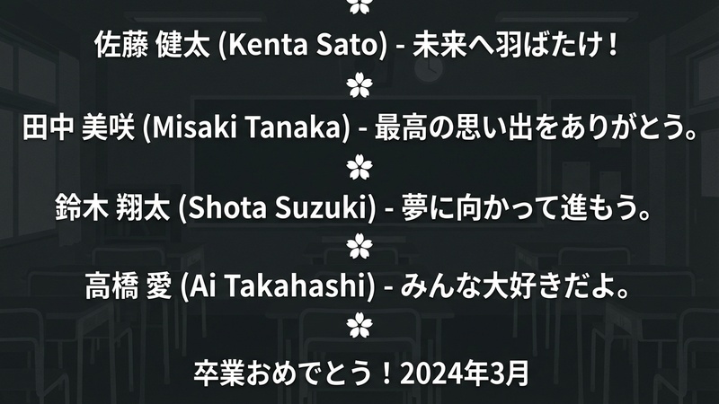 卒業記念動画のエンドロール。名前とコメントが白文字でゆっくりスクロールしている