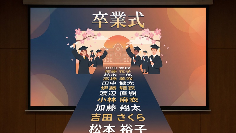 集合写真とエンドロール。名前が縦スクロールするクレジット演出を設定している状態