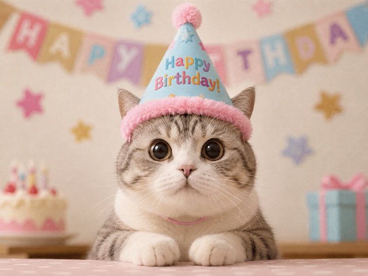 誕生日帽子をかぶった猫が正面を見ている画像