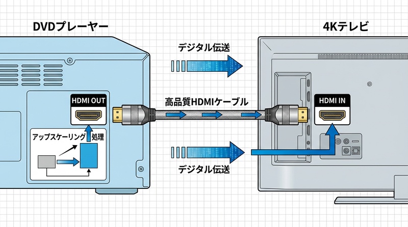 DVDプレーヤー、HDMIケーブル、4Kテレビの接続構成図